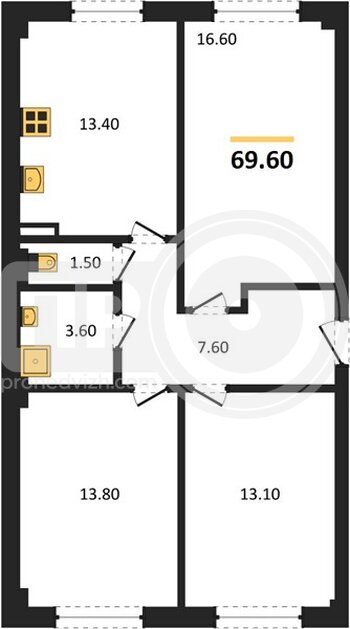 Миниатюра 3-комнатная квартира, 69.6кв.м