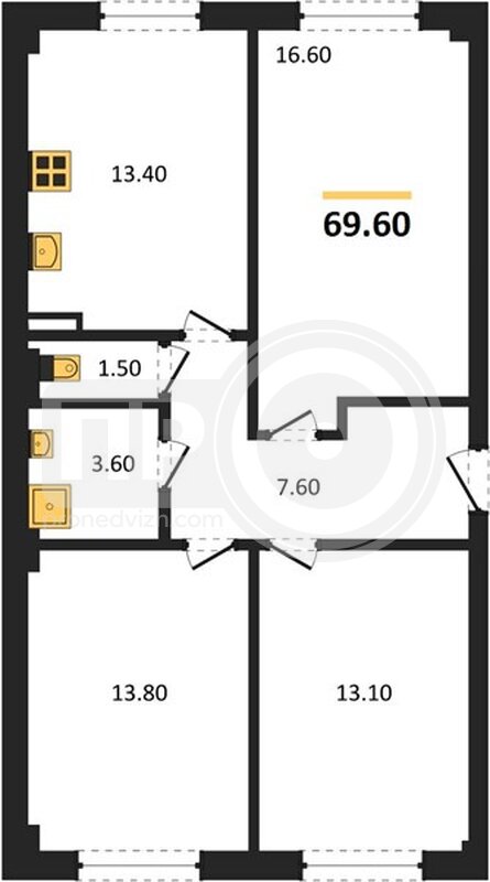 3-комнатная квартира, 69.6кв.м