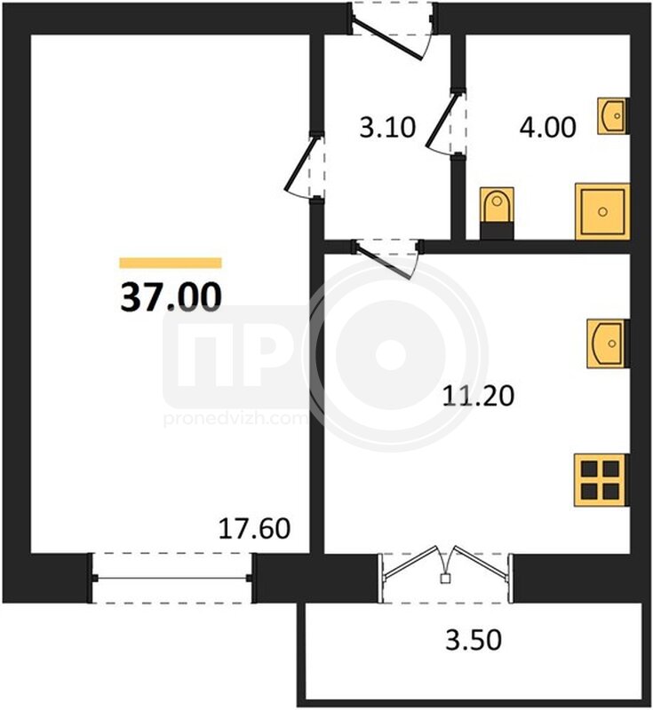 1-комнатная квартира, 37кв.м