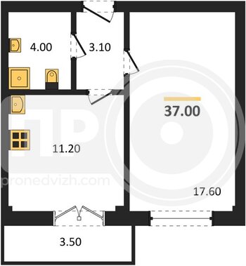 Миниатюра 1-комнатная квартира, 37кв.м