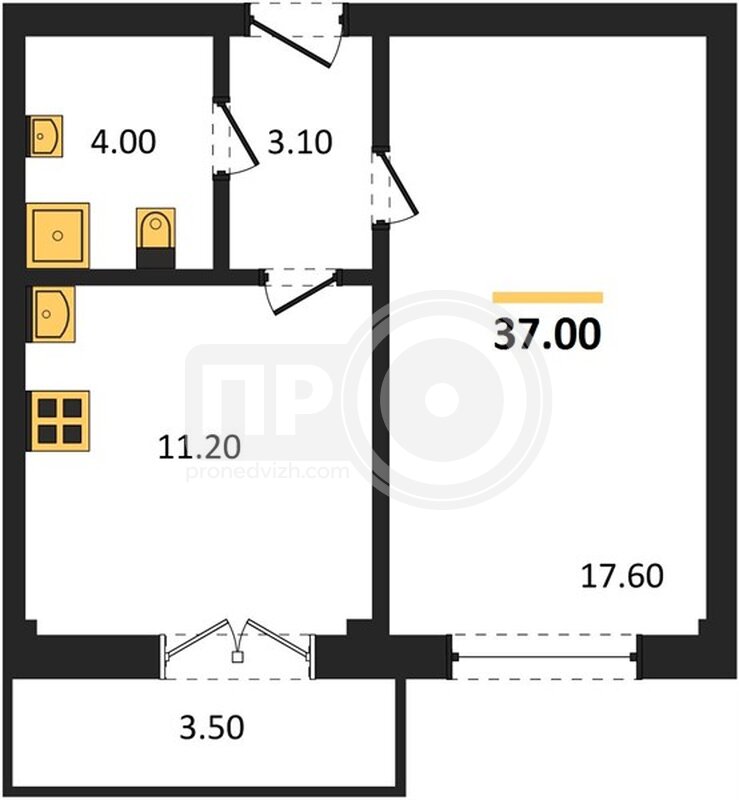 1-комнатная квартира, 37кв.м