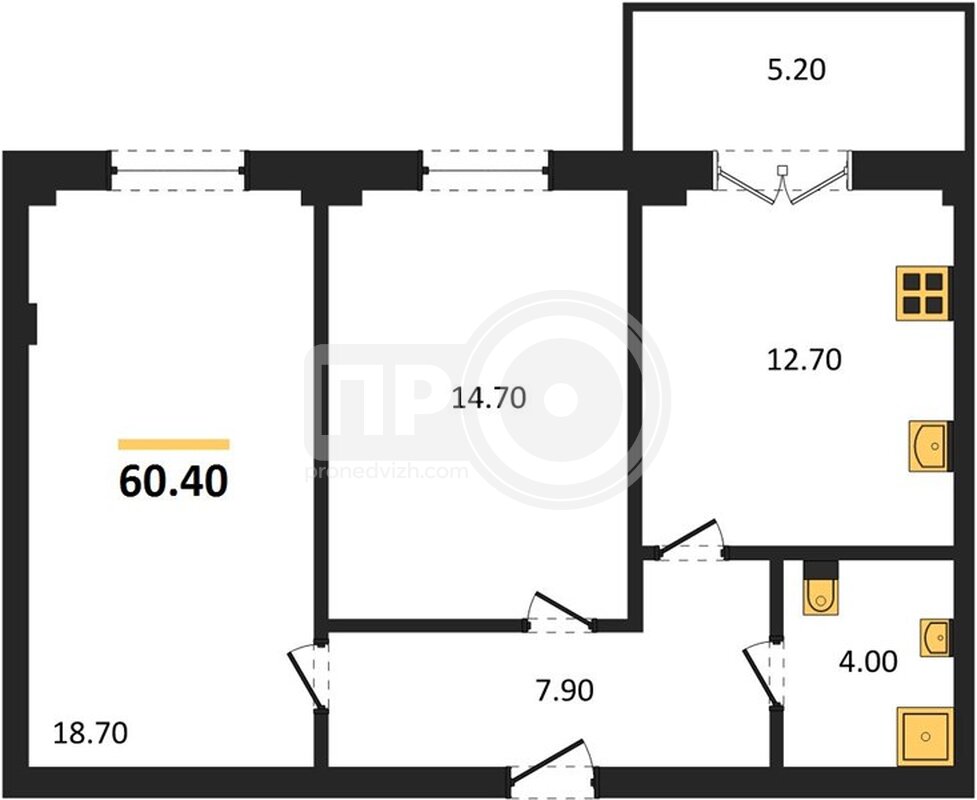2-комнатная квартира, 60.4кв.м