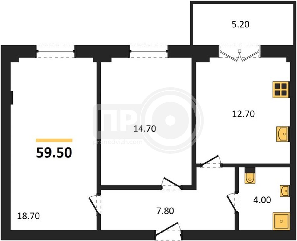 2-комнатная квартира, 59.5кв.м