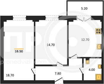 Миниатюра 2-комнатная квартира, 59.5кв.м