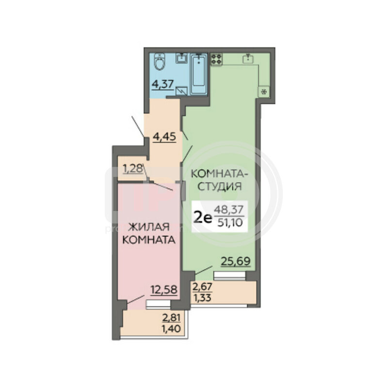 2-комнатная квартира, 51.1кв.м