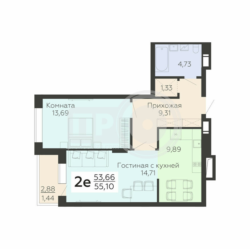 2-комнатная квартира, 55.1кв.м