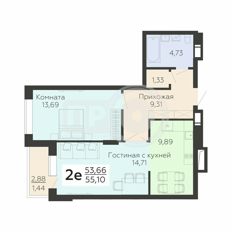 2-комнатная квартира, 55.1кв.м