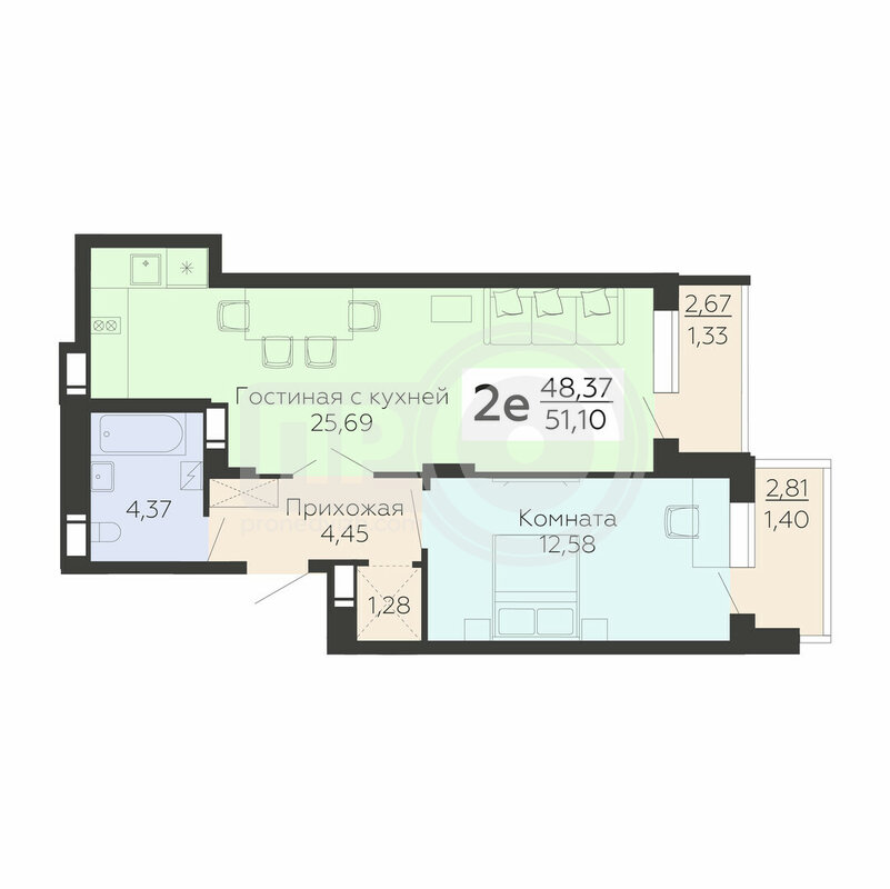 2-комнатная квартира, 51.1кв.м