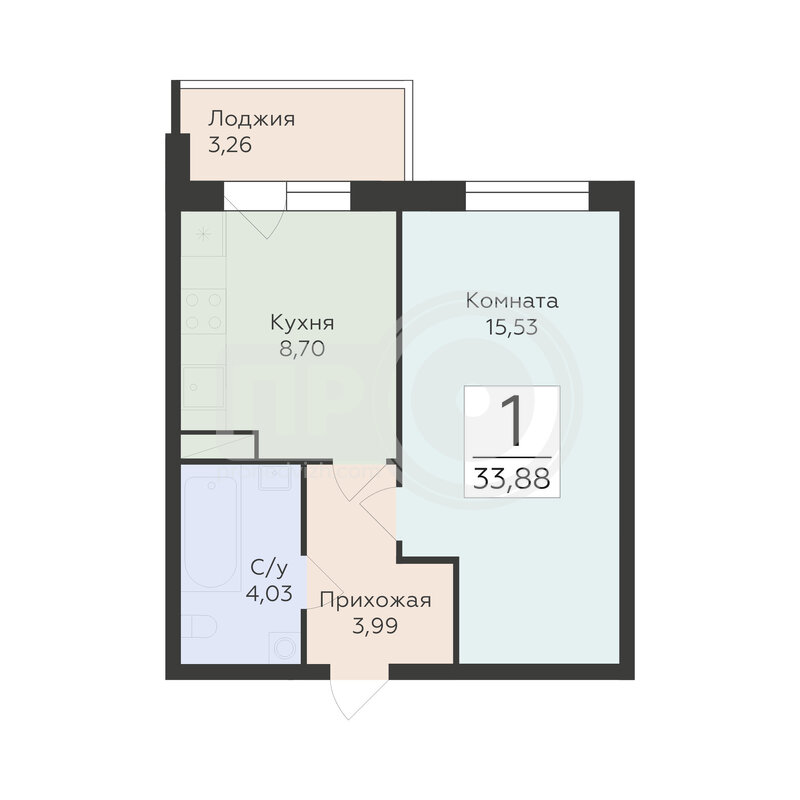 1-комнатная квартира, 33.88кв.м