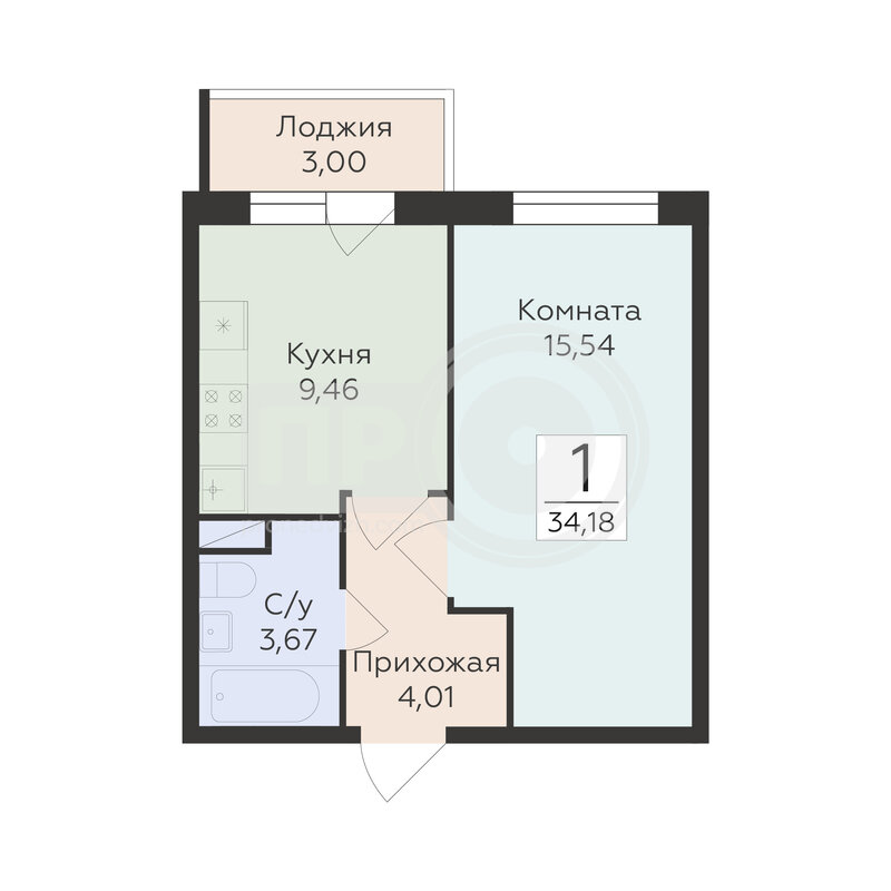 1-комнатная квартира, 34.18кв.м