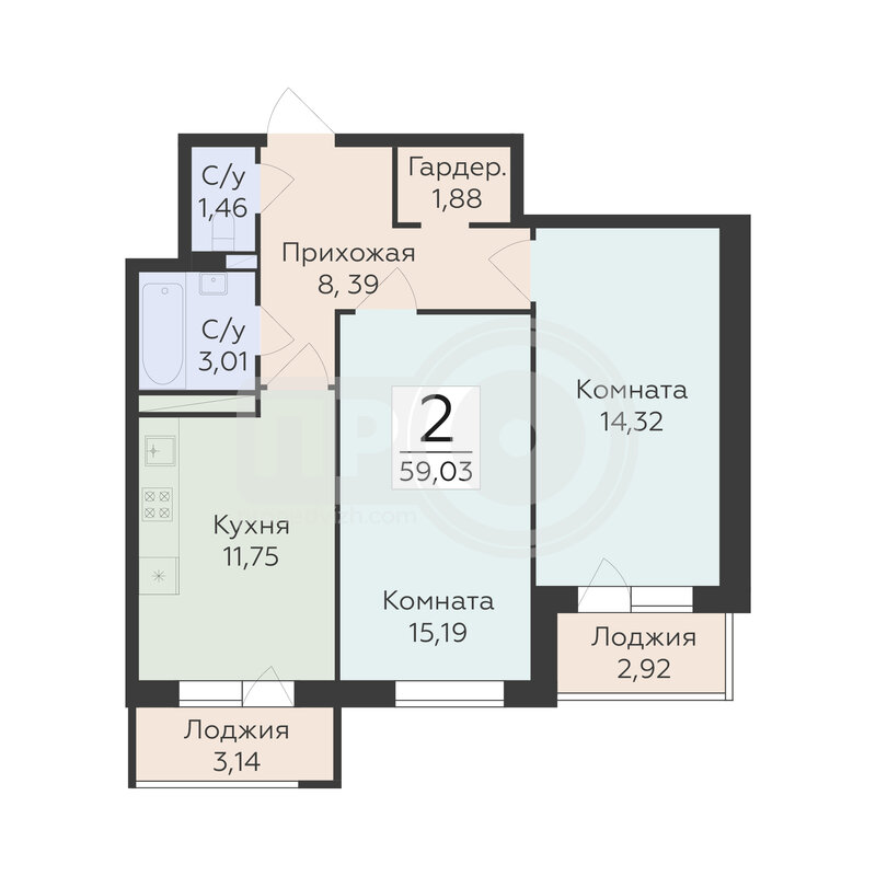 2-комнатная квартира, 59.03кв.м