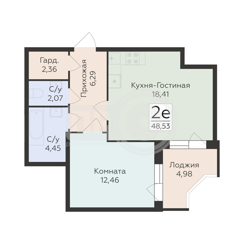 2-комнатная квартира, 48.53кв.м