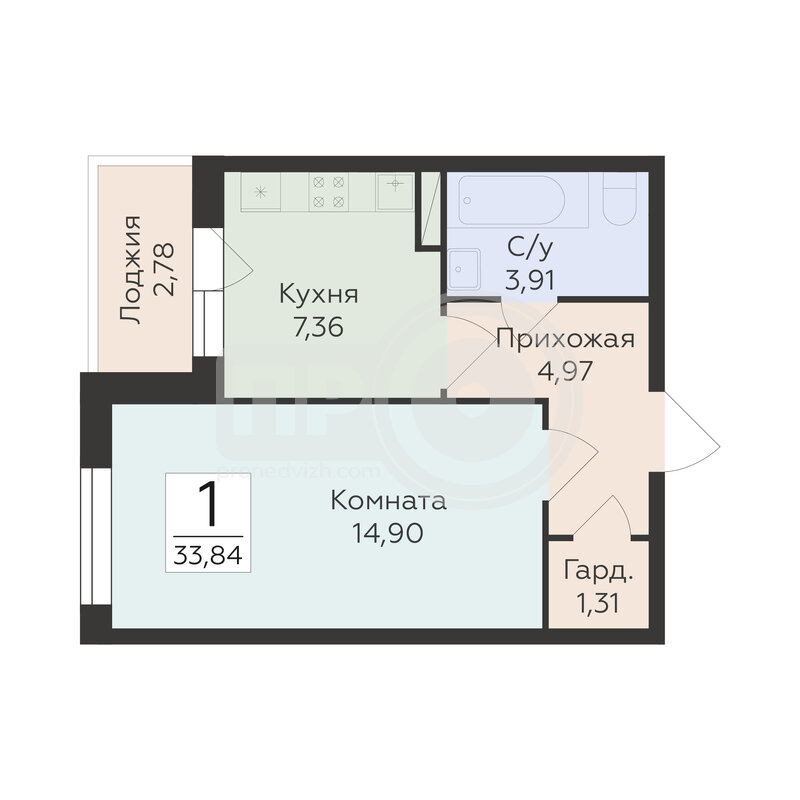 1-комнатная квартира, 33.84кв.м
