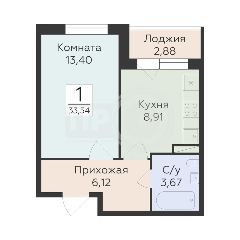 1-комнатная квартира, 33.54кв.м