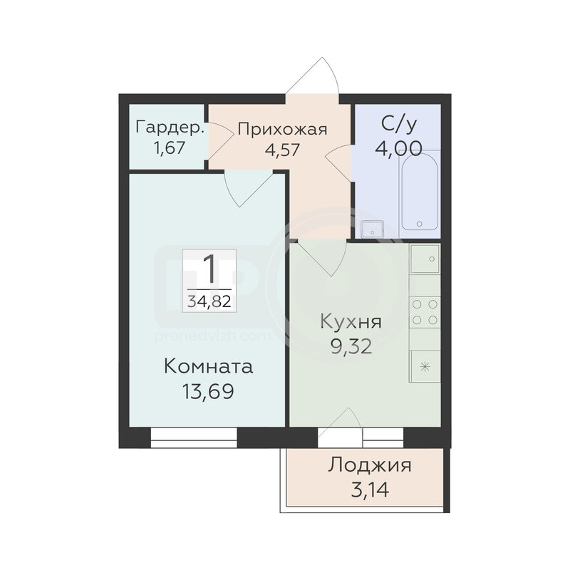 1-комнатная квартира, 34.82кв.м