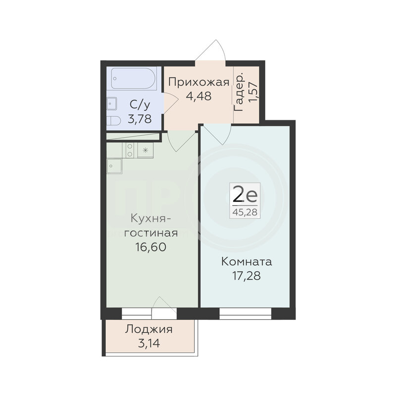 2-комнатная квартира, 45.28кв.м