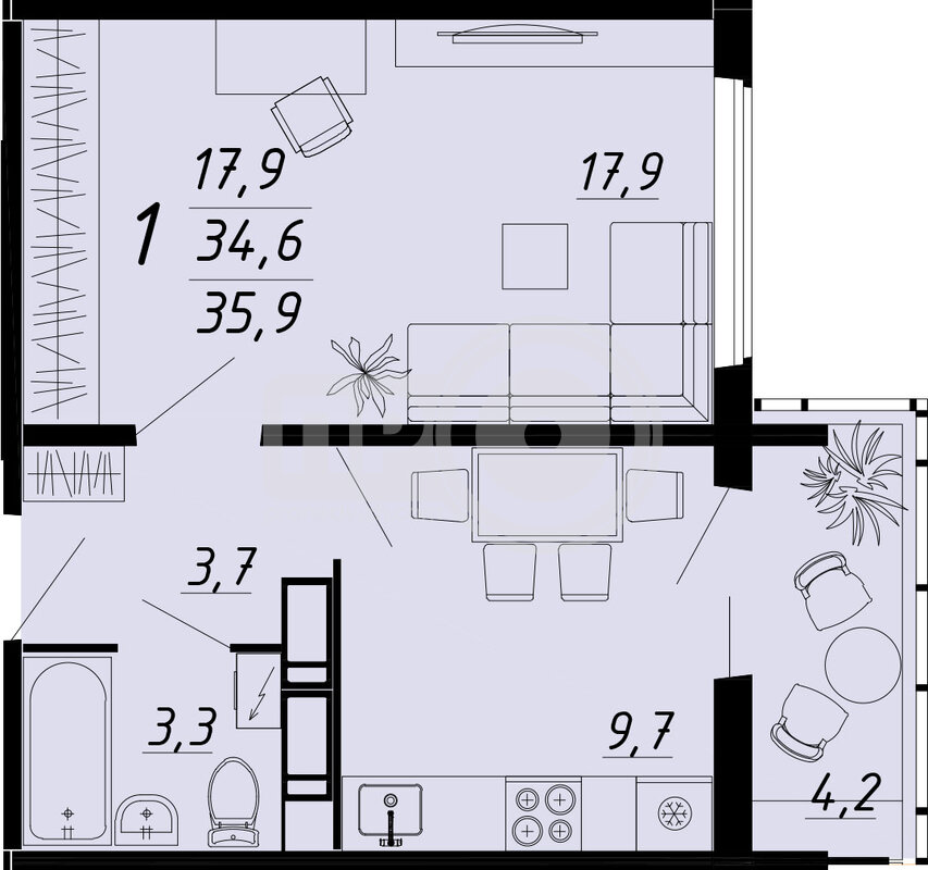 1-комнатная квартира, 35.9кв.м