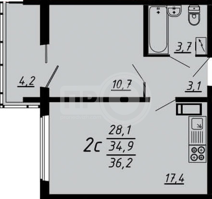 2-комнатная квартира, 36.8кв.м
