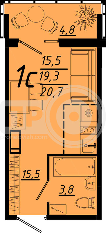 1-комнатная квартира, 20.7кв.м