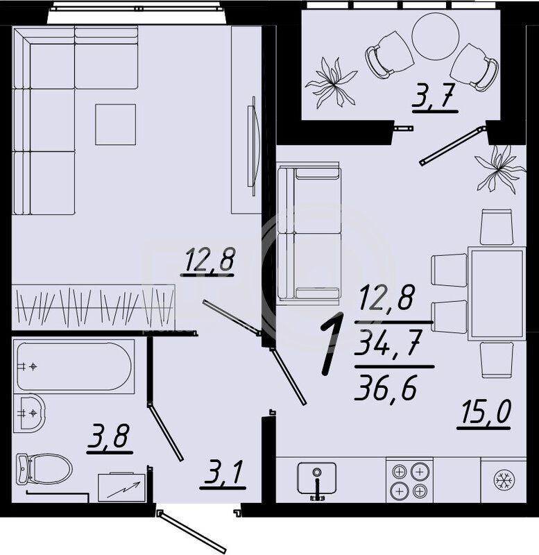 1-комнатная квартира, 36.6кв.м
