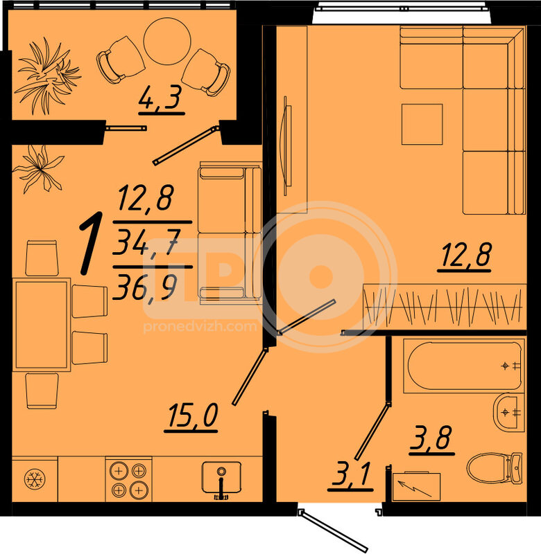 1-комнатная квартира, 36.9кв.м