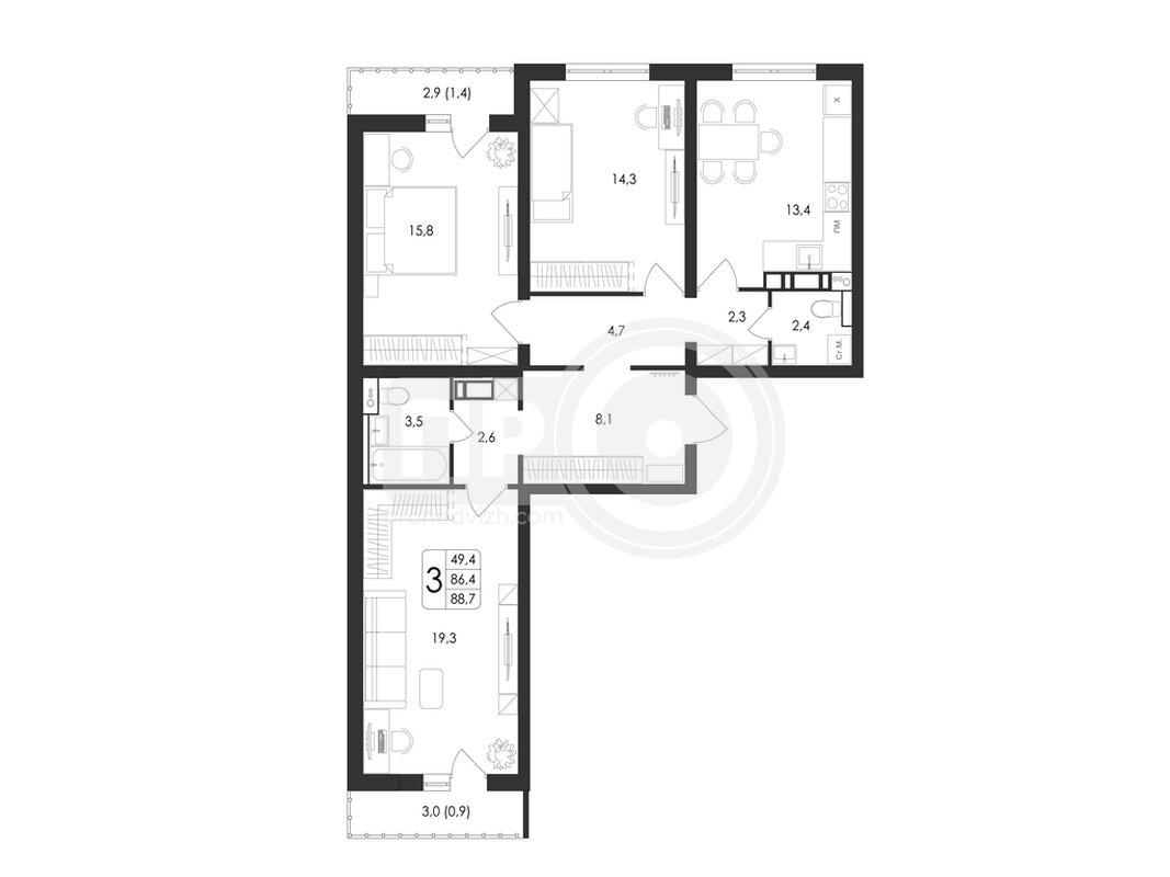 3-комнатная квартира, 88.7кв.м