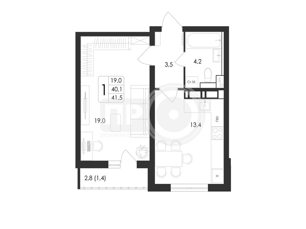 1-комнатная квартира, 41.5кв.м
