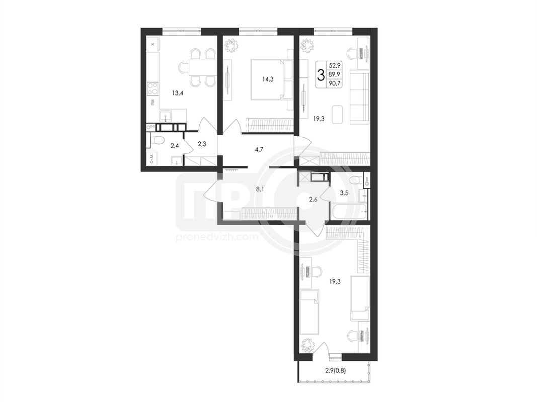 3-комнатная квартира, 90.7кв.м