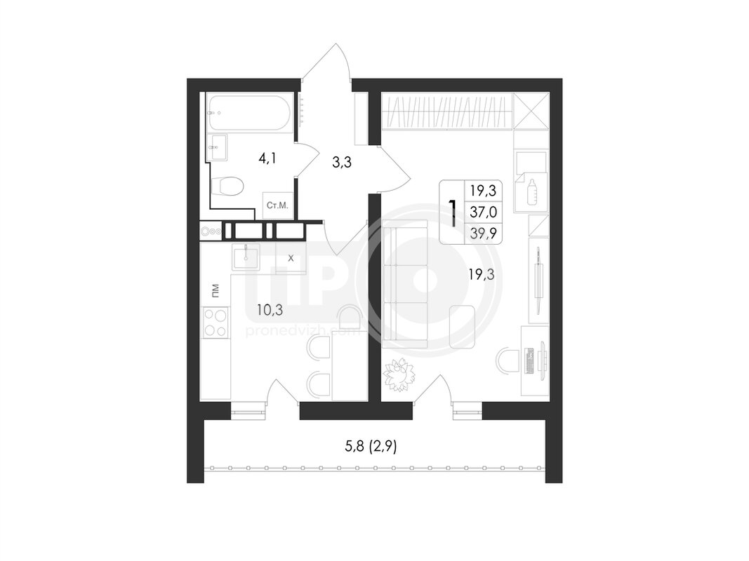 1-комнатная квартира, 39.9кв.м