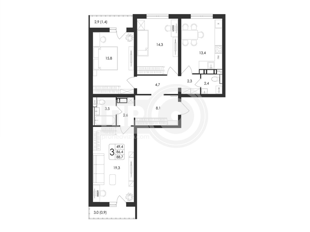 3-комнатная квартира, 88.7кв.м
