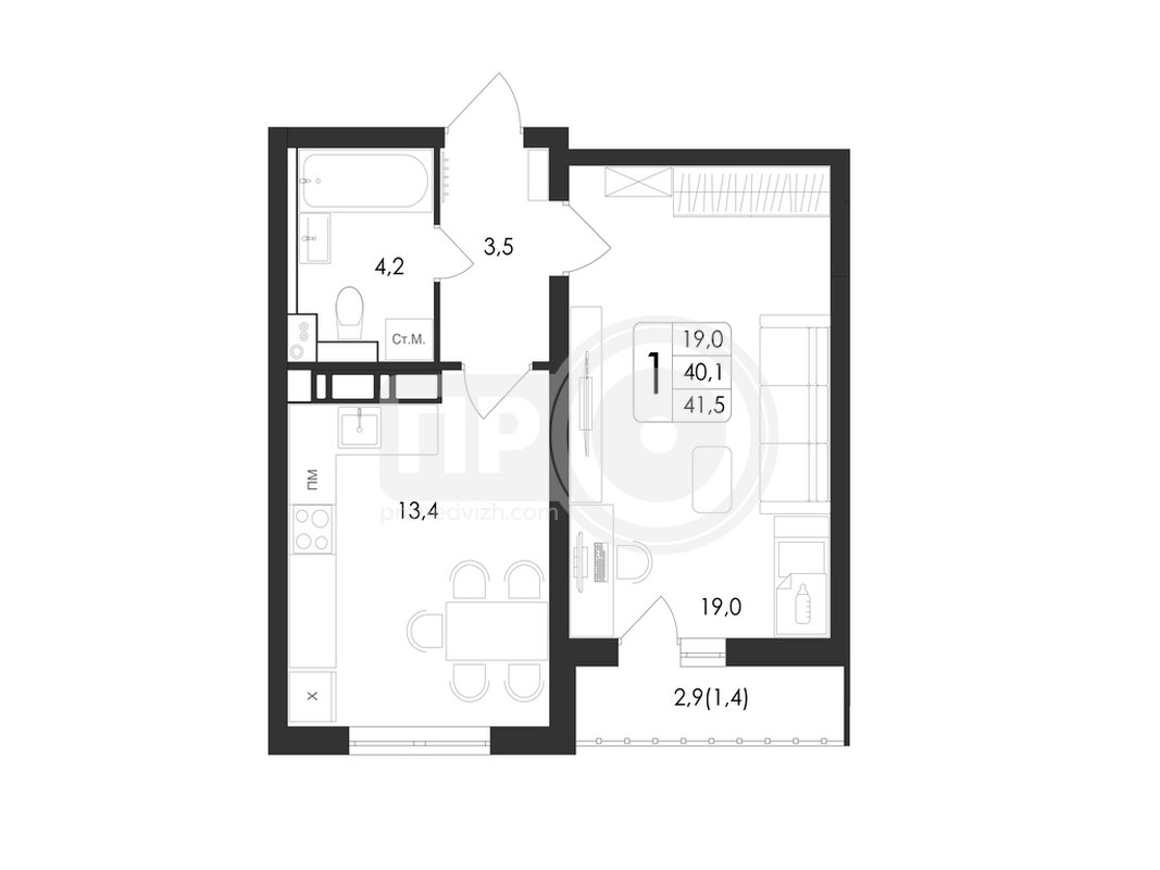 1-комнатная квартира, 41.5кв.м