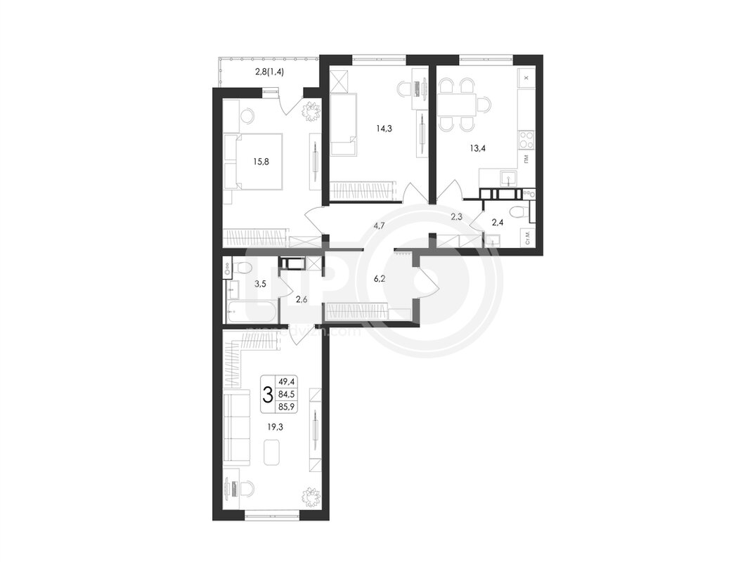 3-комнатная квартира, 85.9кв.м