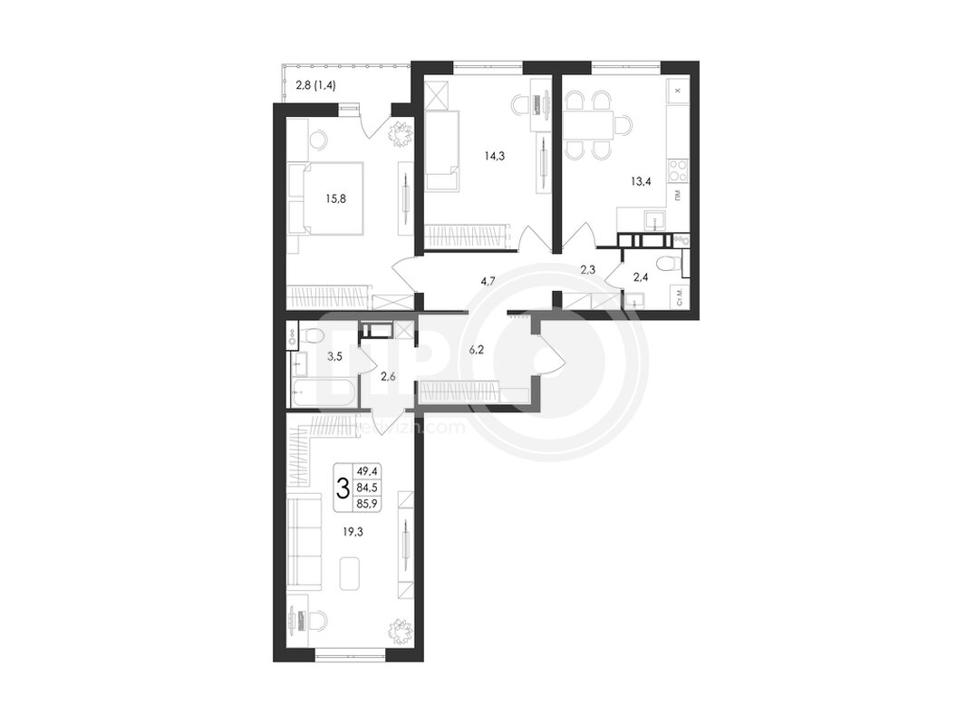 3-комнатная квартира, 85.9кв.м