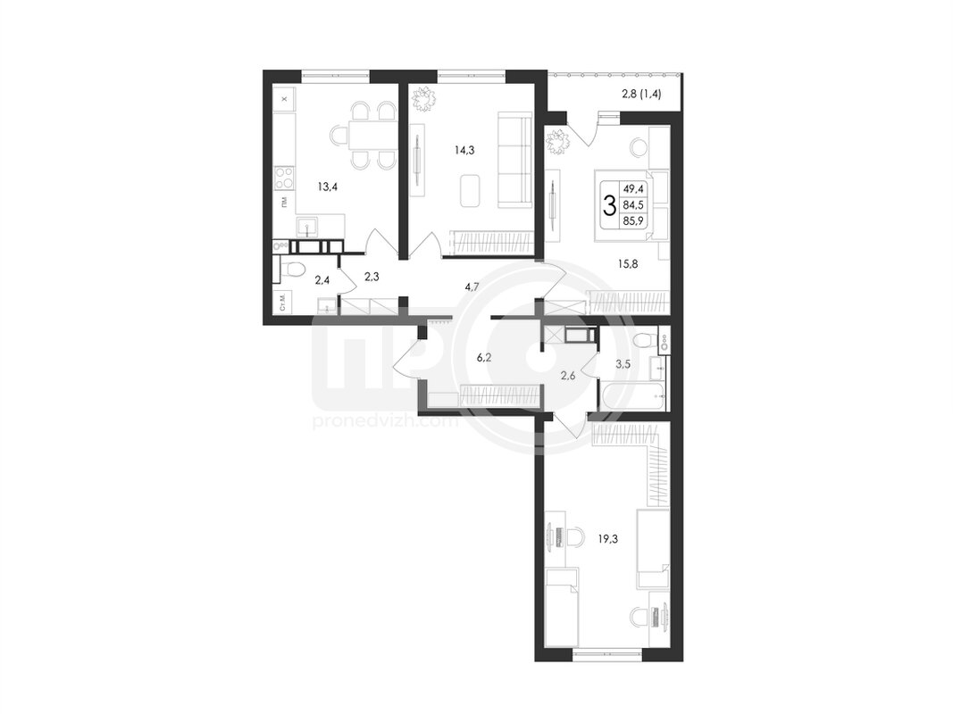 3-комнатная квартира, 85.9кв.м