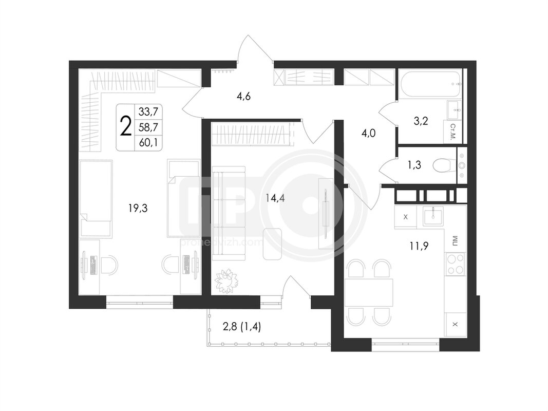 2-комнатная квартира, 60.1кв.м