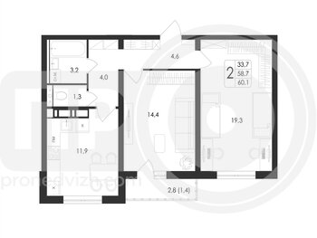 Миниатюра 2-комнатная квартира, 60.1кв.м