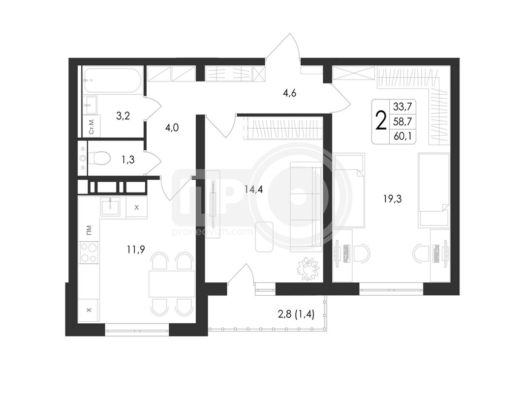 2-комнатная квартира, 60.1кв.м