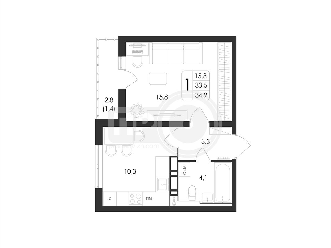 1-комнатная квартира, 34.9кв.м