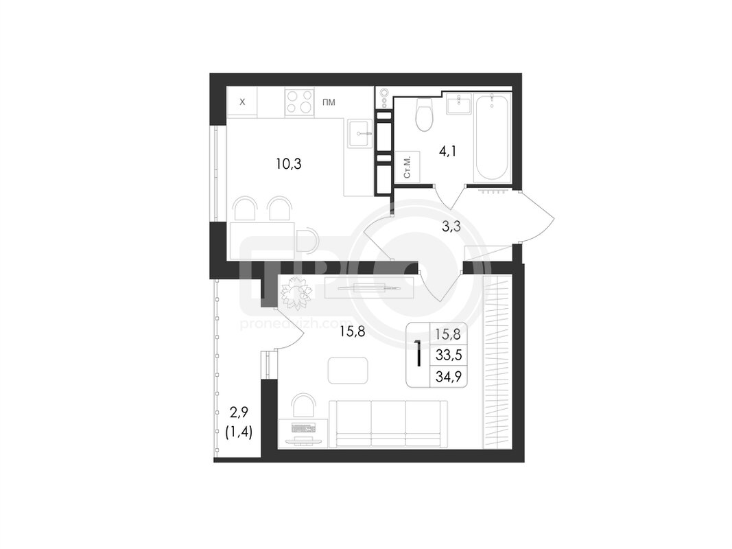 1-комнатная квартира, 34.9кв.м