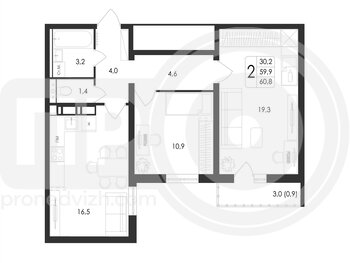 Миниатюра 2-комнатная квартира, 60.8кв.м