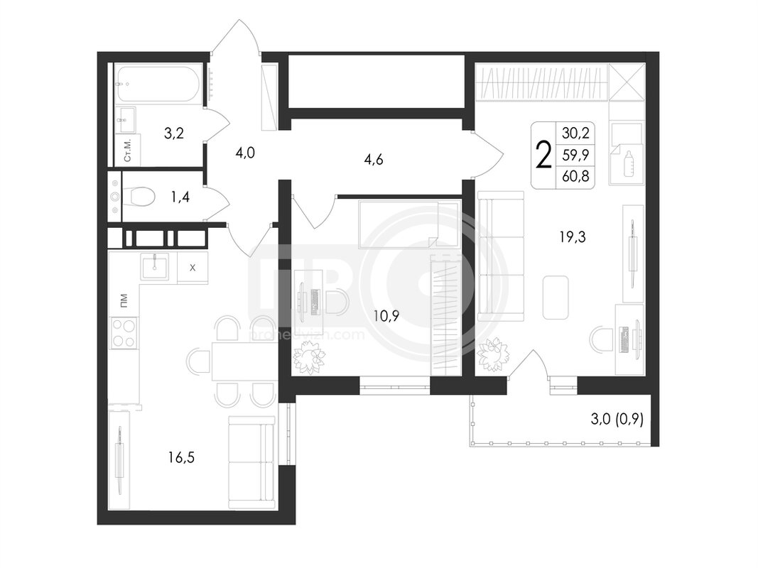2-комнатная квартира, 60.8кв.м