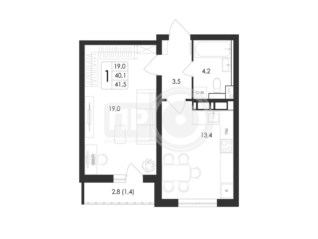 1-комнатная квартира, 41.5кв.м