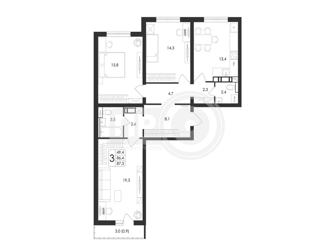 3-комнатная квартира, 87.3кв.м