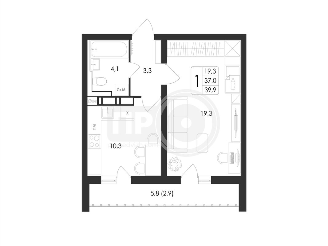 1-комнатная квартира, 39.9кв.м