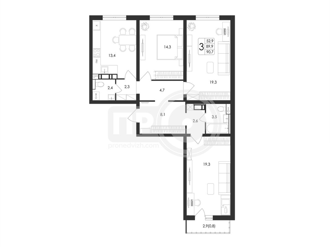 3-комнатная квартира, 90.7кв.м