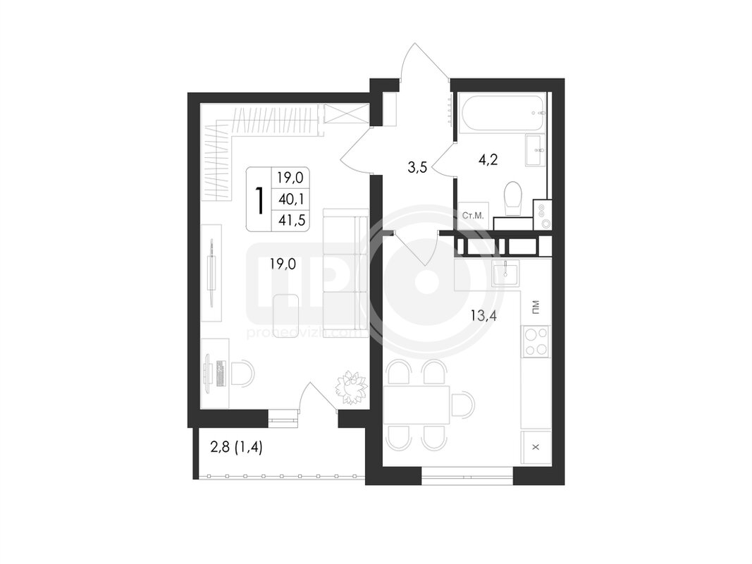 1-комнатная квартира, 41.5кв.м