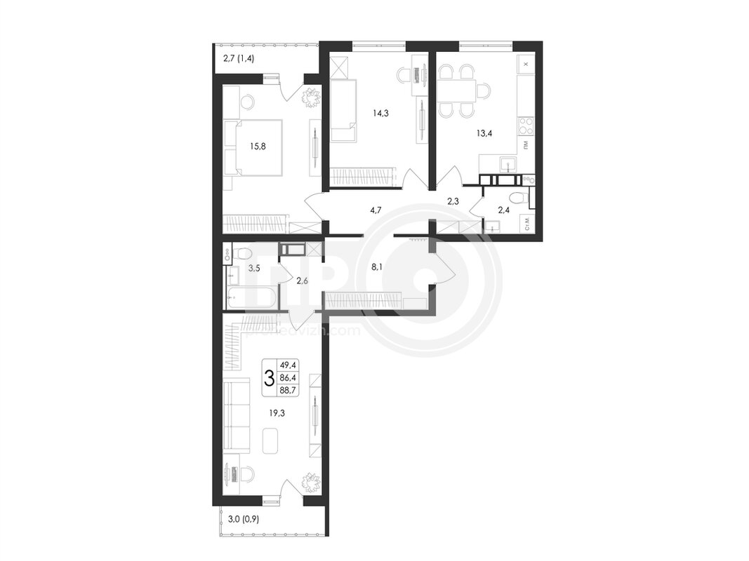 3-комнатная квартира, 88.7кв.м