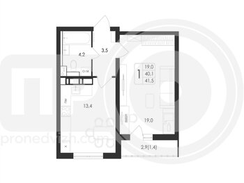 Миниатюра 1-комнатная квартира, 41.5кв.м