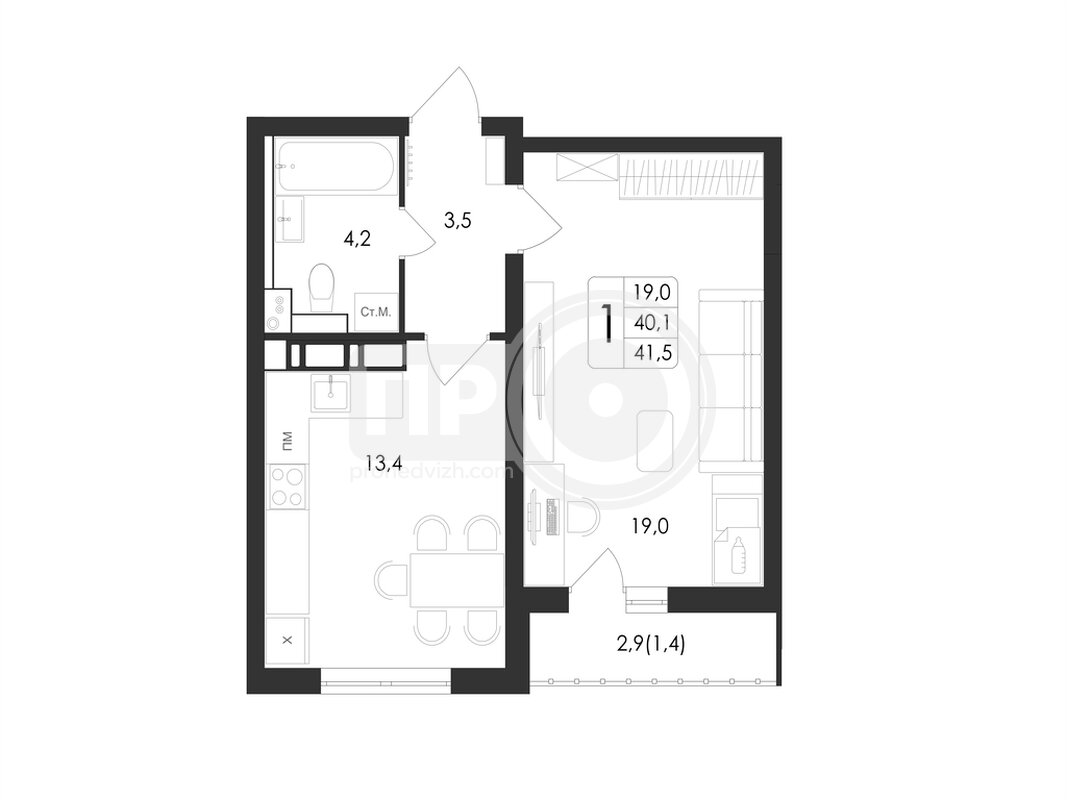 1-комнатная квартира, 41.5кв.м