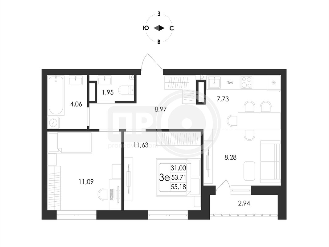 3-комнатная квартира, 55.18кв.м